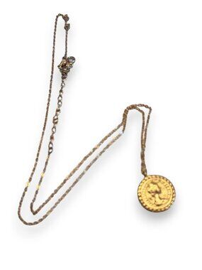 Queen Elizabeth II St George Dragon Coin Style Pendant Necklace Gold Tone